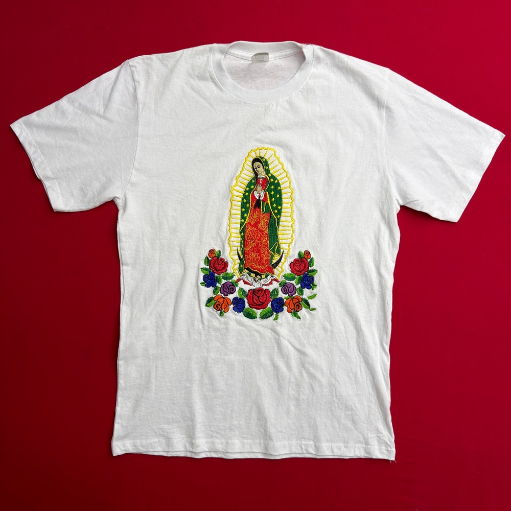 Mens Virgin of Guadalupe Embroidered T-Shirt White XL Rose‎ Floral stitched cute